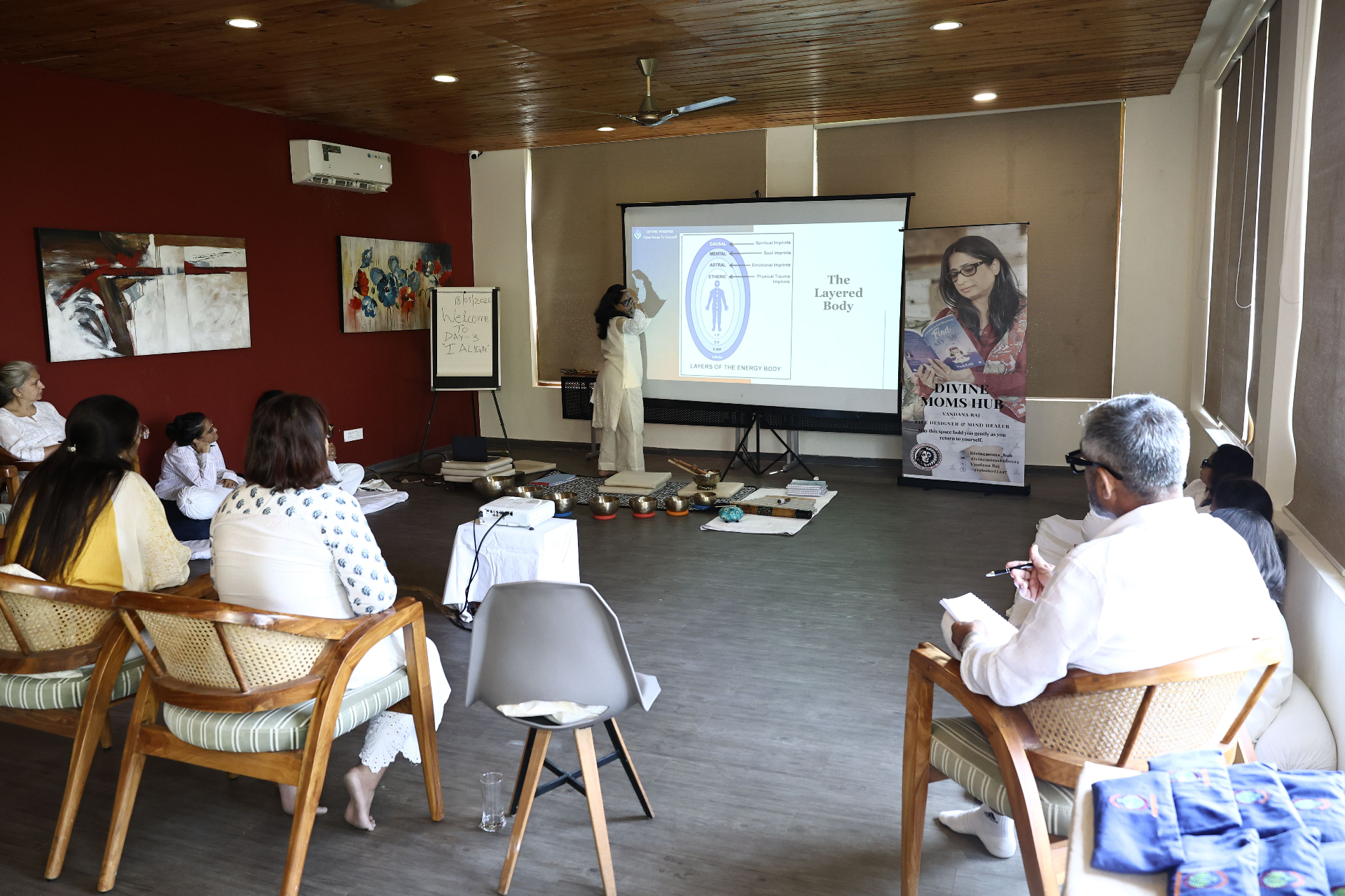 Vandana Raj guiding participants through a teaching session at the retreat