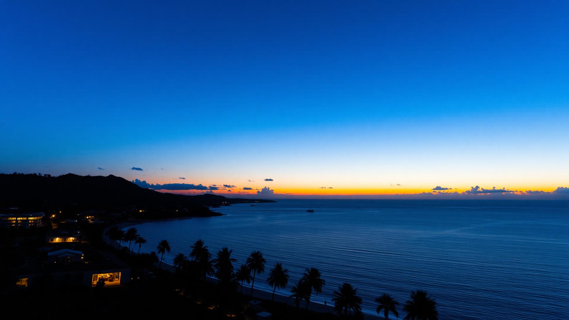 Grande Bay coastline at dusk with resort lights